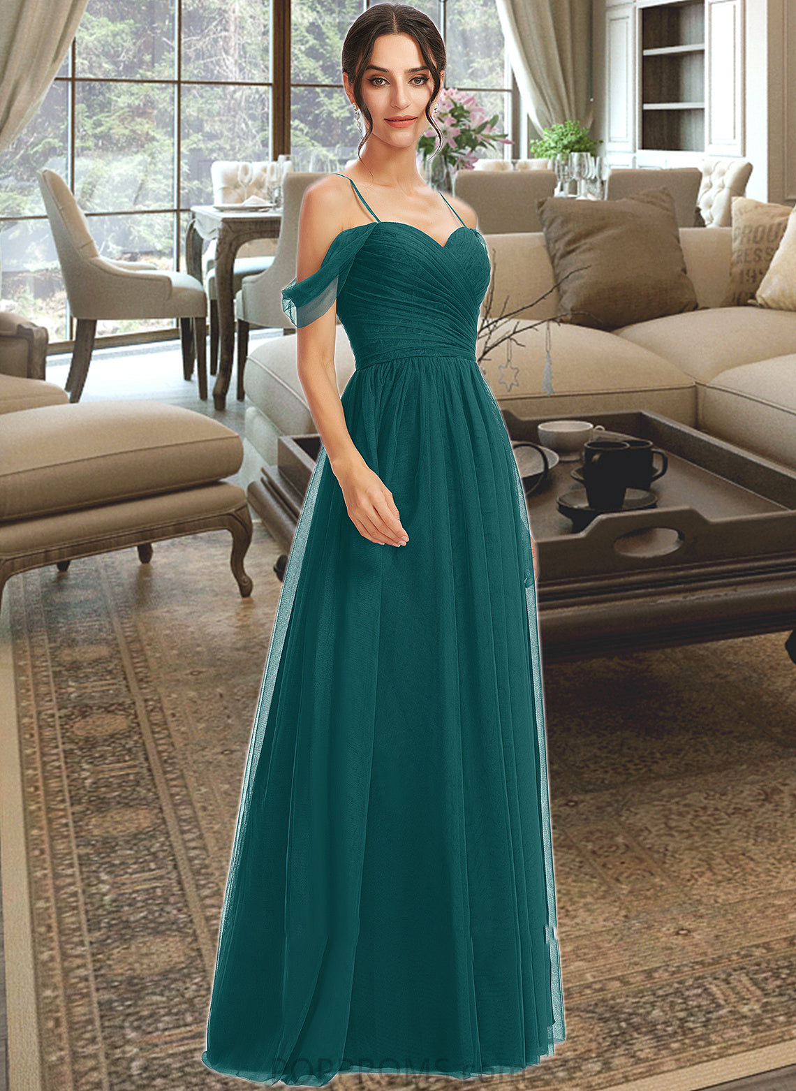 Lacey A-Line V-neck Floor-Length Bridesmaid Dress With Ruffle PP6P0013072