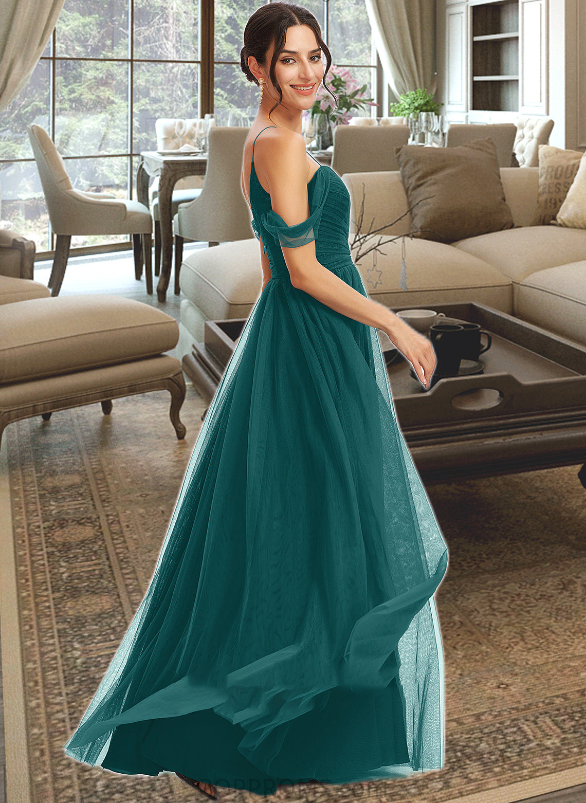 Lacey A-Line V-neck Floor-Length Bridesmaid Dress With Ruffle PP6P0013072