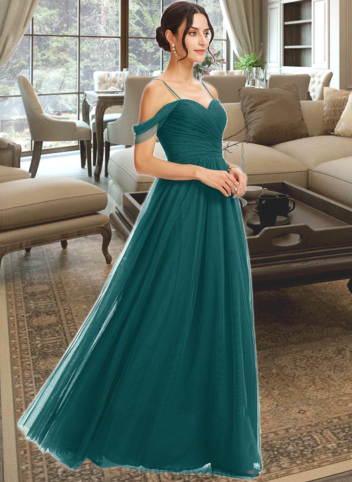 Lacey A-Line V-neck Floor-Length Bridesmaid Dress With Ruffle PP6P0013072