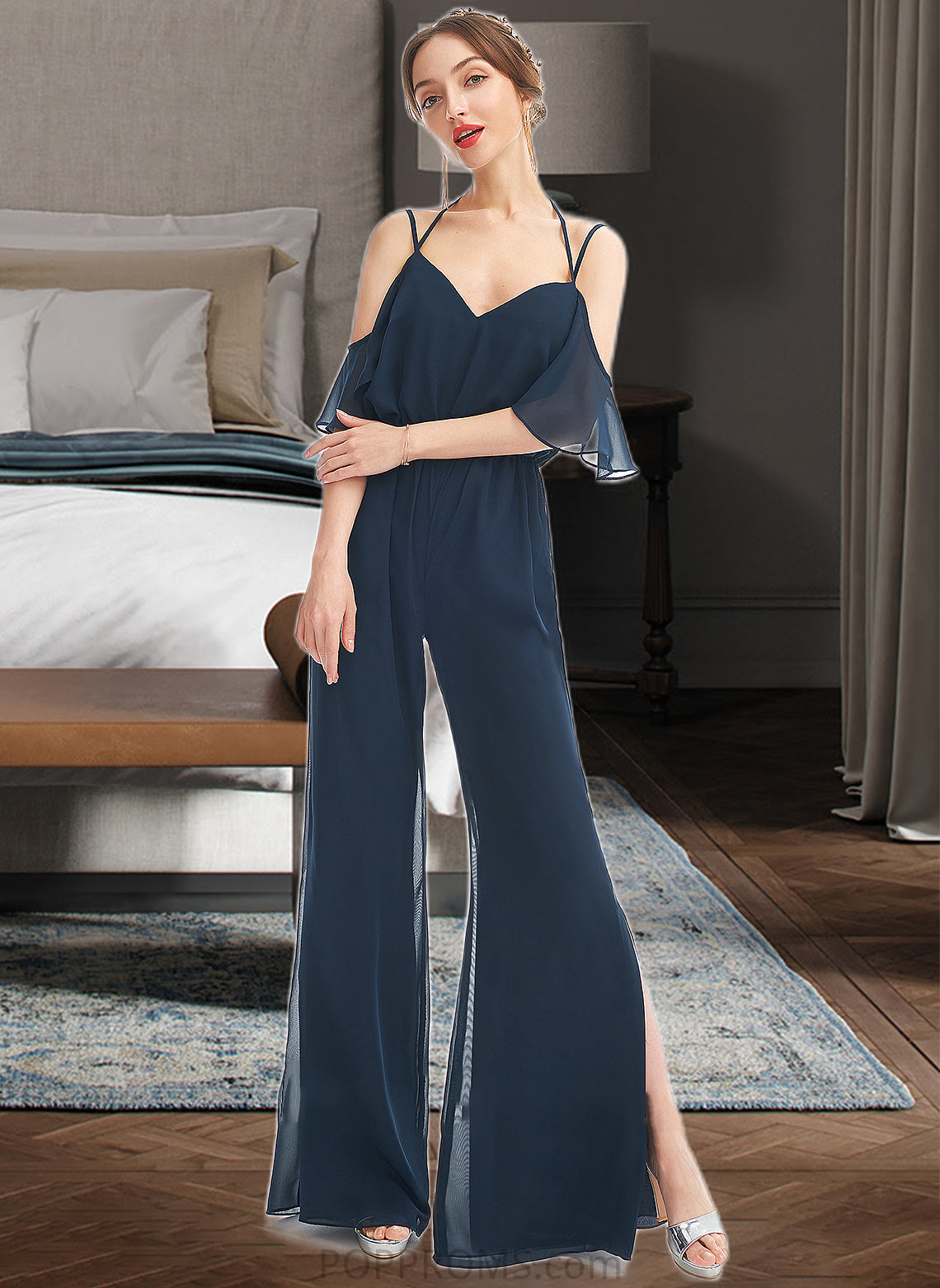 Gina Jumpsuit/Pantsuit V-neck Floor-Length Bridesmaid Dress With Ruffle PP6P0013073