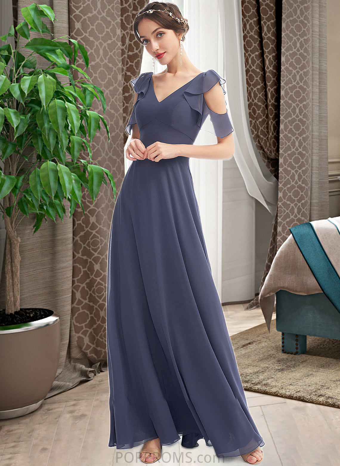 Rory A-Line V-neck Floor-Length Bridesmaid Dress With Ruffle PP6P0013074