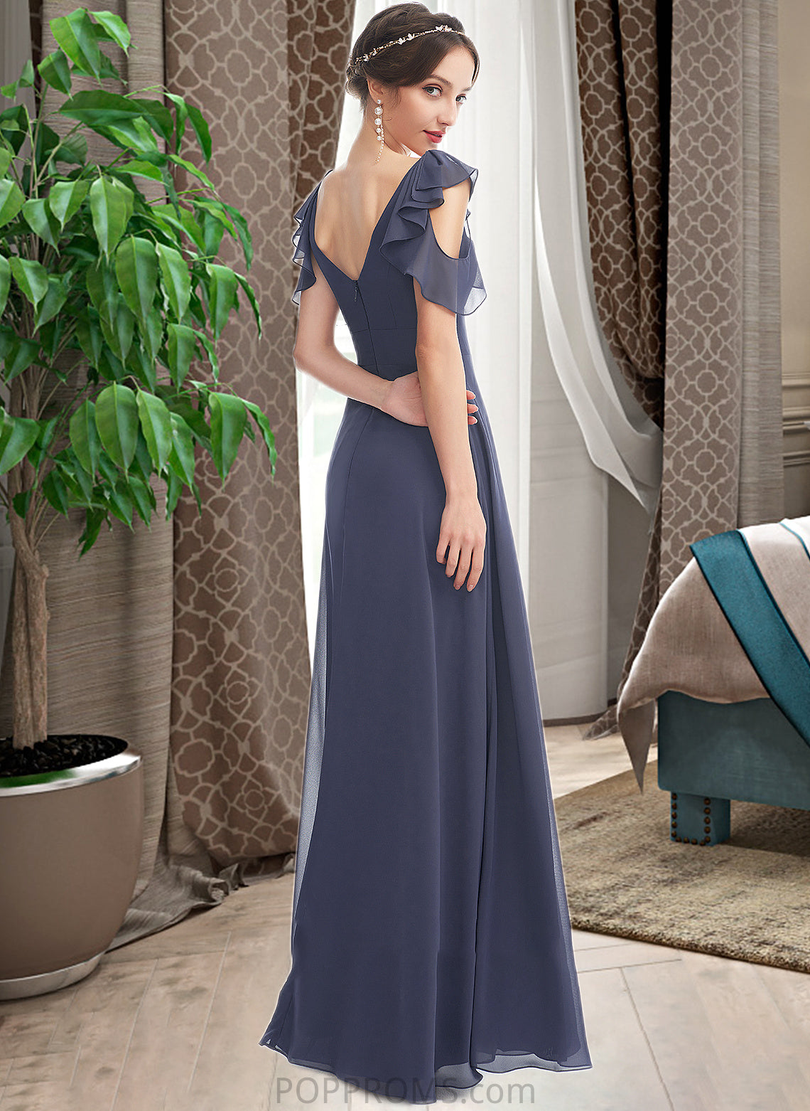 Rory A-Line V-neck Floor-Length Bridesmaid Dress With Ruffle PP6P0013074