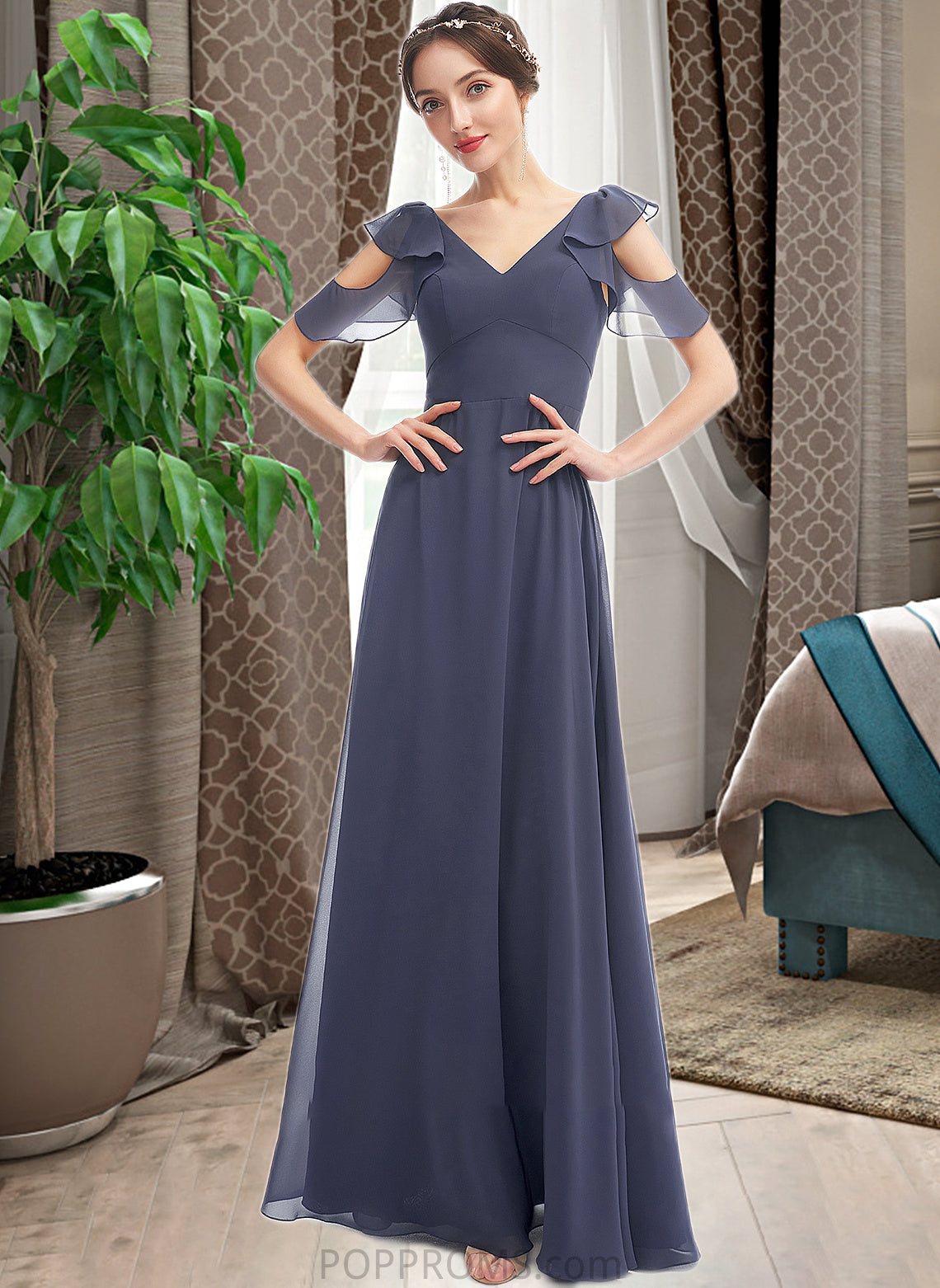 Rory A-Line V-neck Floor-Length Bridesmaid Dress With Ruffle PP6P0013074