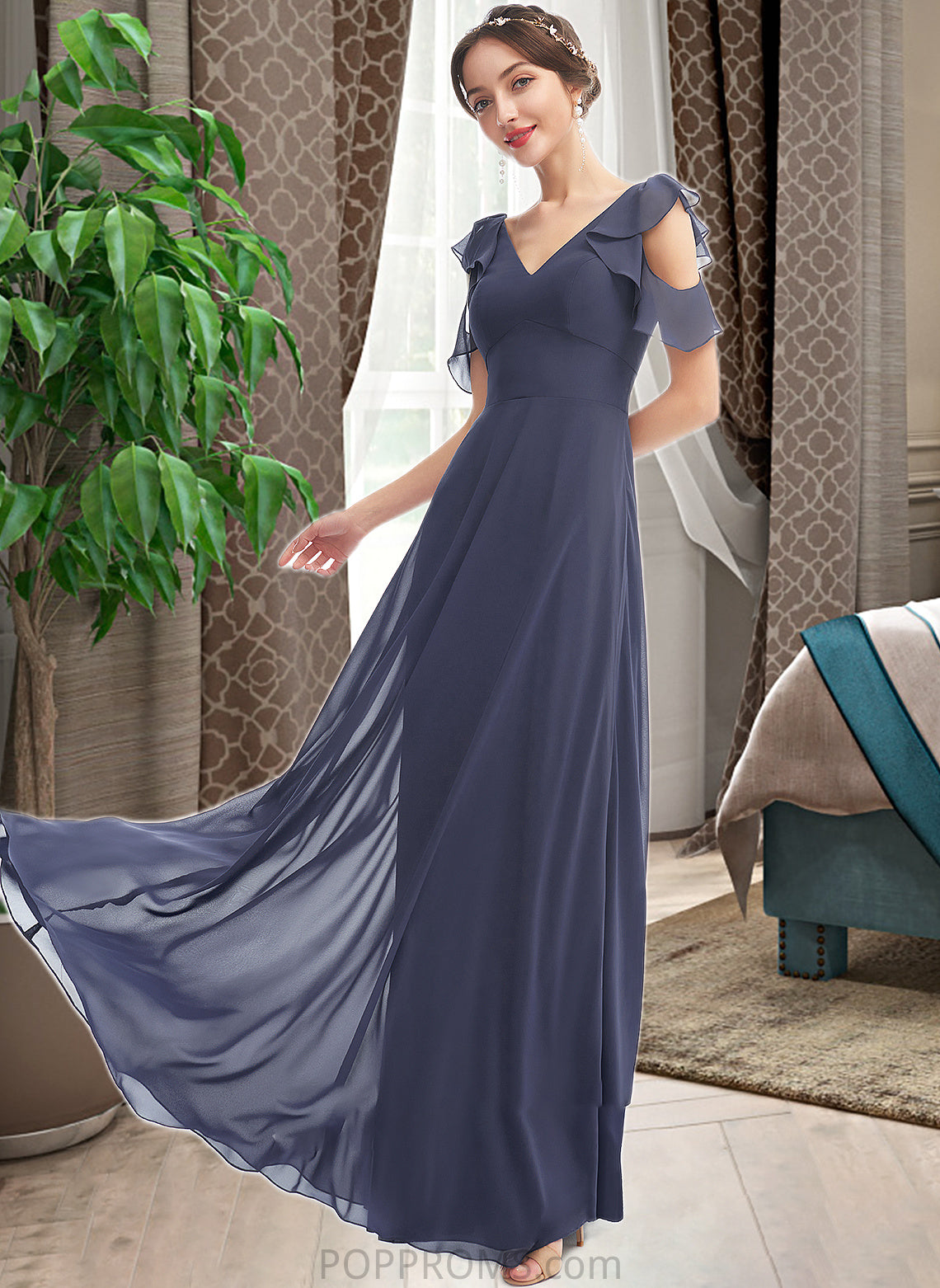 Rory A-Line V-neck Floor-Length Bridesmaid Dress With Ruffle PP6P0013074