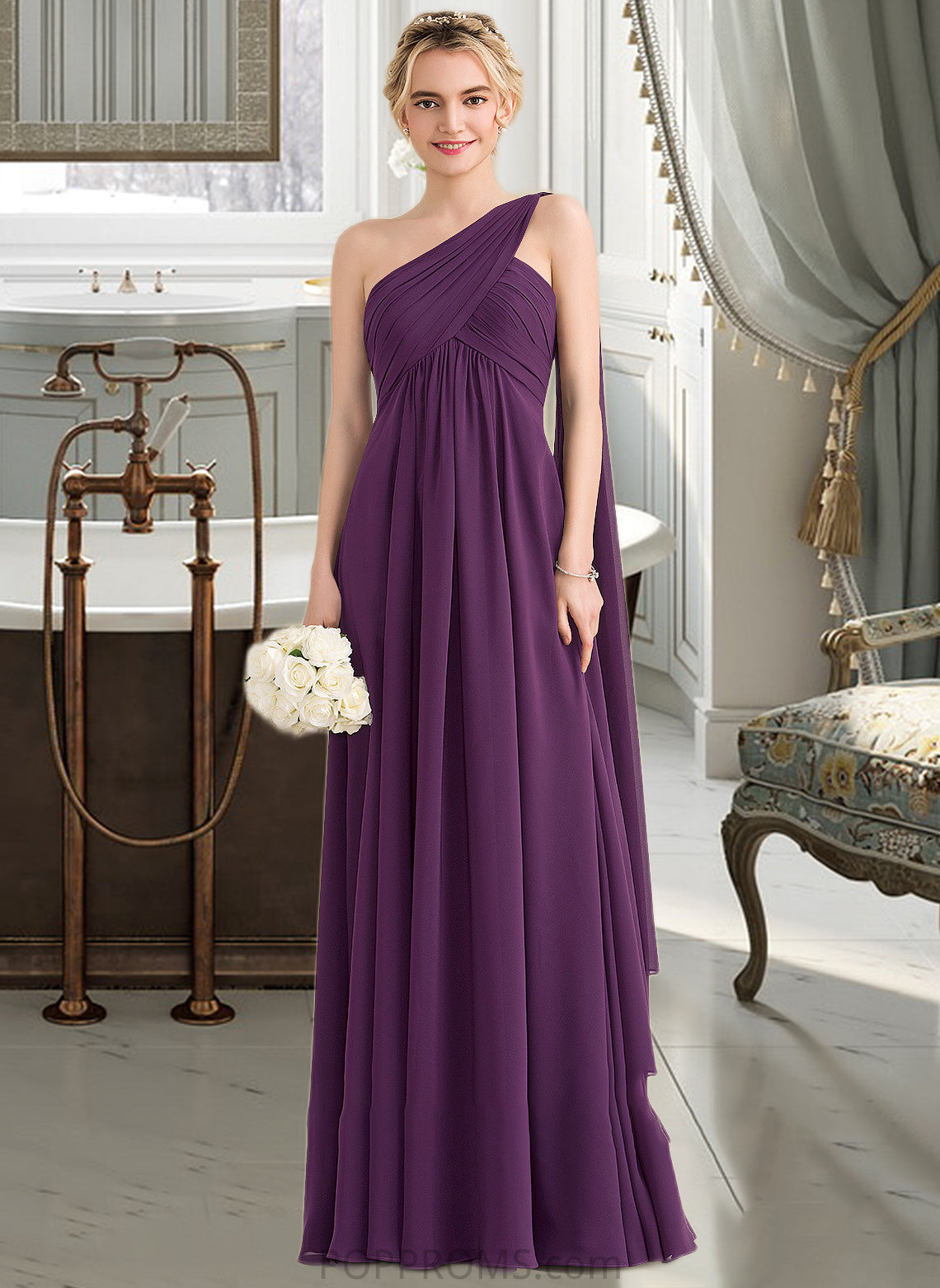 Susie A-line One Shoulder Floor-Length Chiffon Bridesmaid Dress With Ruffle PP6P0013078