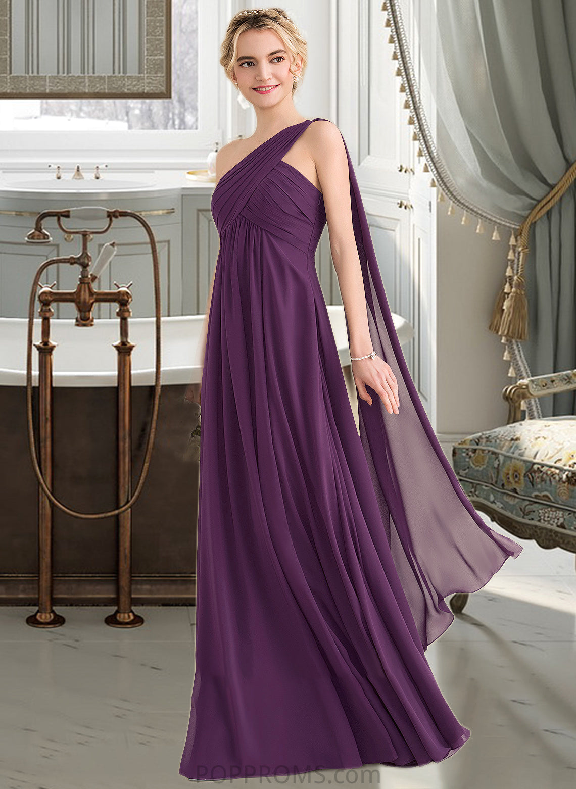 Susie A-line One Shoulder Floor-Length Chiffon Bridesmaid Dress With Ruffle PP6P0013078