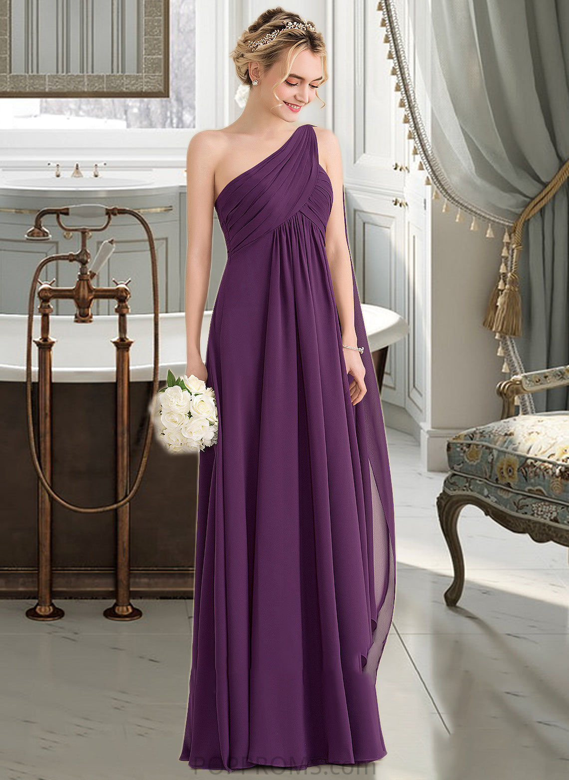 Susie A-line One Shoulder Floor-Length Chiffon Bridesmaid Dress With Ruffle PP6P0013078