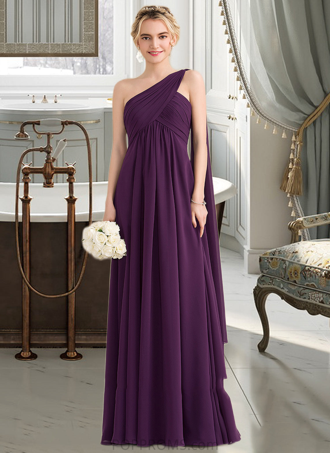 Susie A-line One Shoulder Floor-Length Chiffon Bridesmaid Dress With Ruffle PP6P0013078