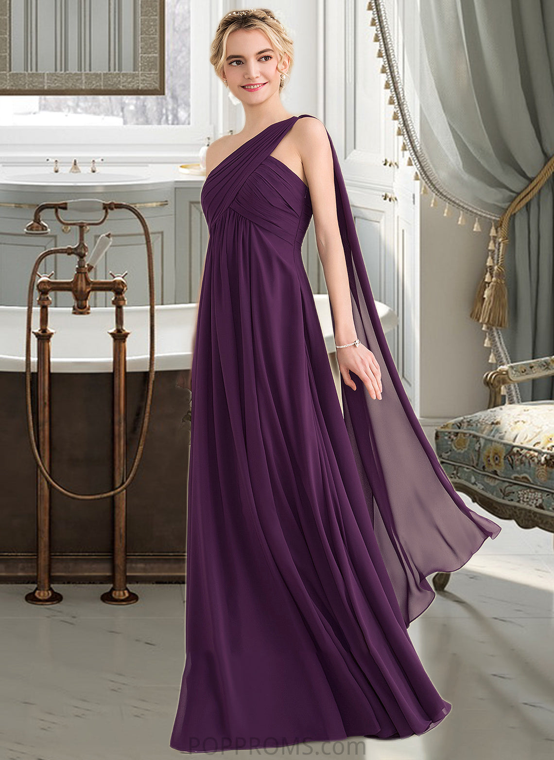 Susie A-line One Shoulder Floor-Length Chiffon Bridesmaid Dress With Ruffle PP6P0013078