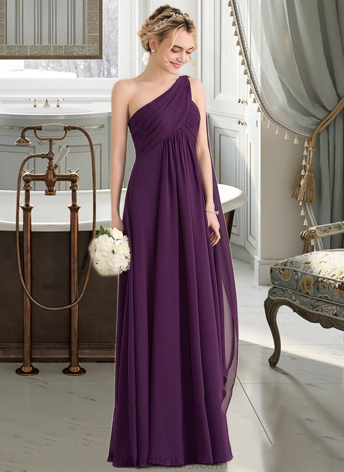 Susie A-line One Shoulder Floor-Length Chiffon Bridesmaid Dress With Ruffle PP6P0013078