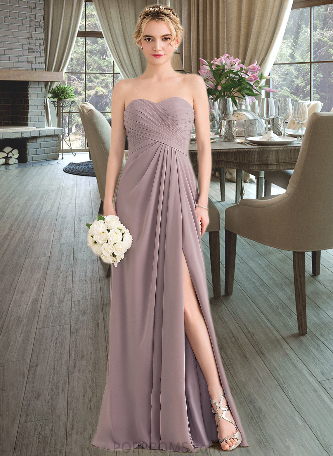 Emelia A-Line Sweetheart Floor-Length Chiffon Bridesmaid Dress With Ruffle Split Front PP6P0013079