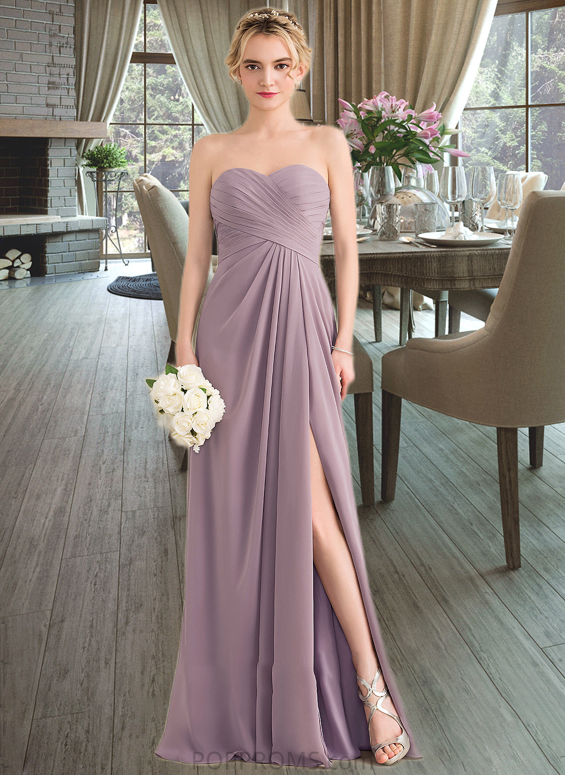 Emelia A-Line Sweetheart Floor-Length Chiffon Bridesmaid Dress With Ruffle Split Front PP6P0013079