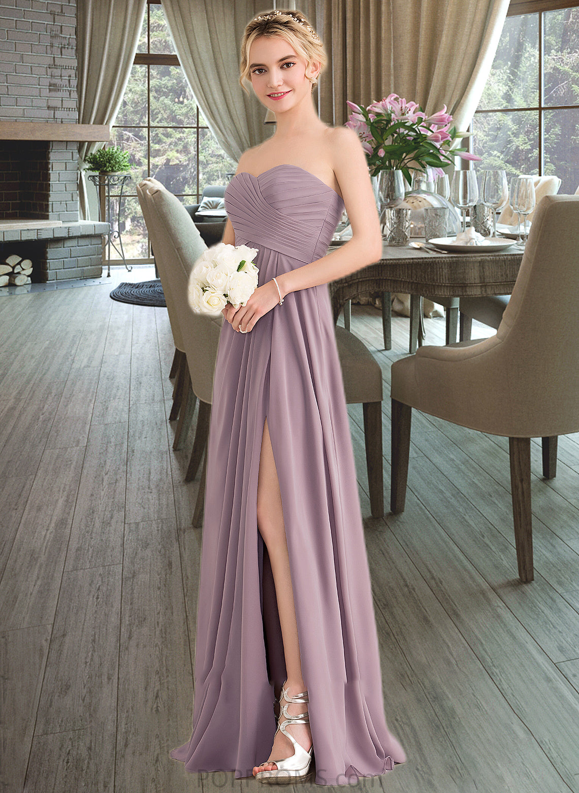 Emelia A-Line Sweetheart Floor-Length Chiffon Bridesmaid Dress With Ruffle Split Front PP6P0013079