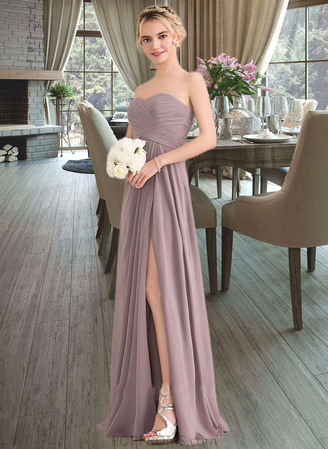 Emelia A-Line Sweetheart Floor-Length Chiffon Bridesmaid Dress With Ruffle Split Front PP6P0013079