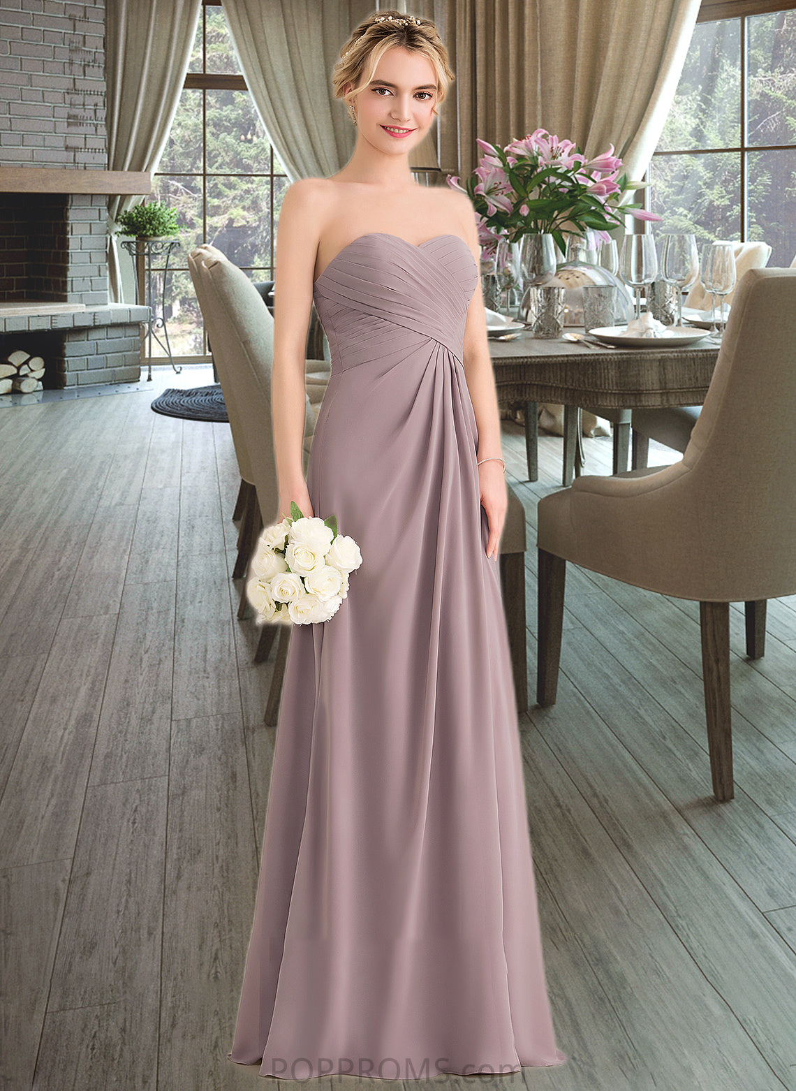 Emelia A-Line Sweetheart Floor-Length Chiffon Bridesmaid Dress With Ruffle Split Front PP6P0013079