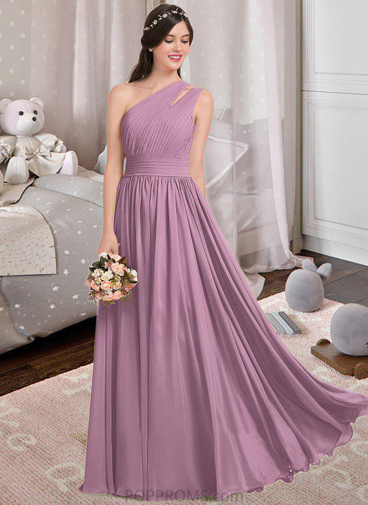 Madilynn A-line One Shoulder Floor-Length Chiffon Bridesmaid Dress With Ruffle PP6P0013080