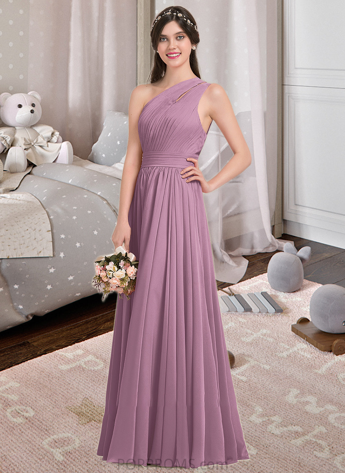 Madilynn A-line One Shoulder Floor-Length Chiffon Bridesmaid Dress With Ruffle PP6P0013080