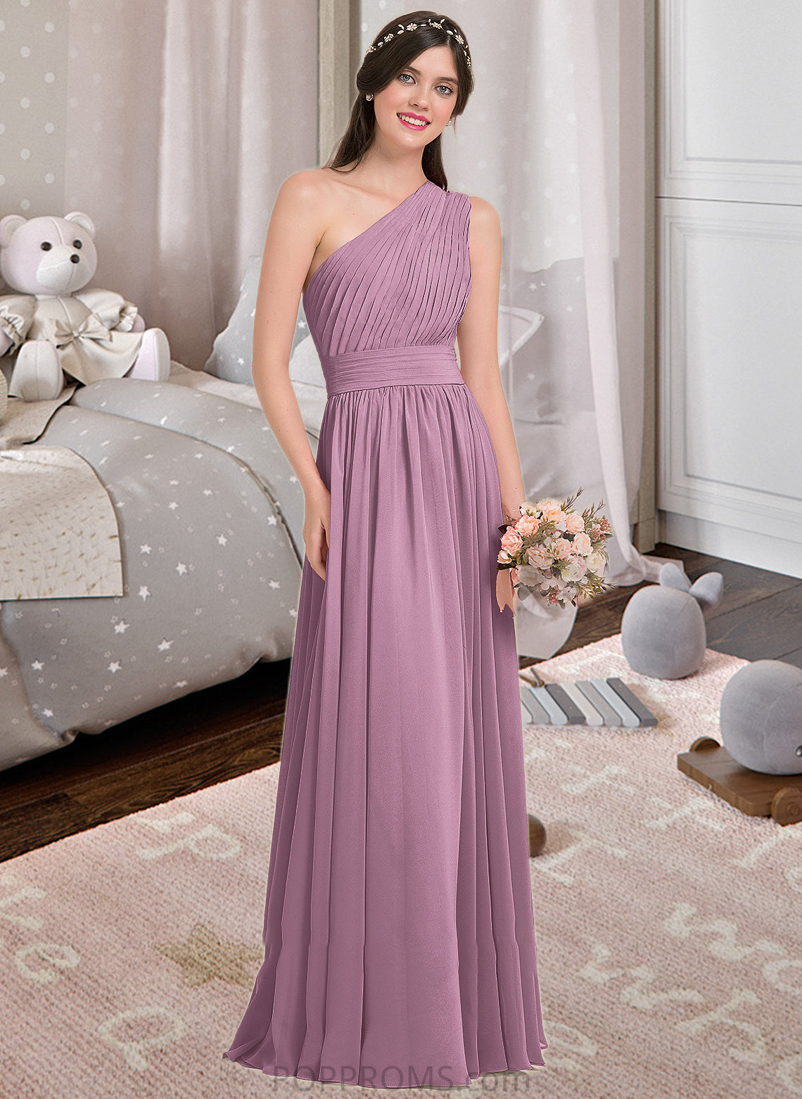 Madilynn A-line One Shoulder Floor-Length Chiffon Bridesmaid Dress With Ruffle PP6P0013080