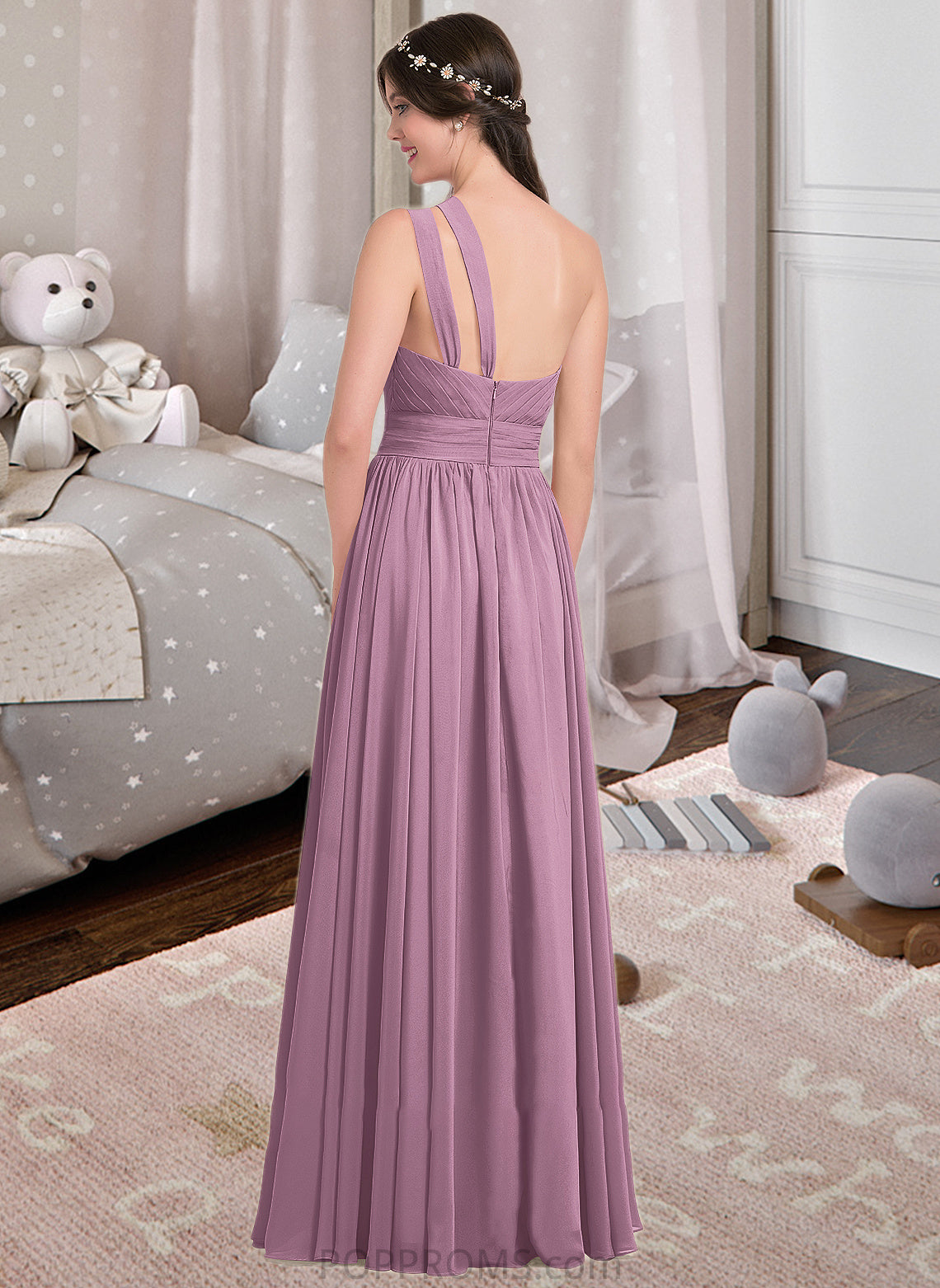 Madilynn A-line One Shoulder Floor-Length Chiffon Bridesmaid Dress With Ruffle PP6P0013080