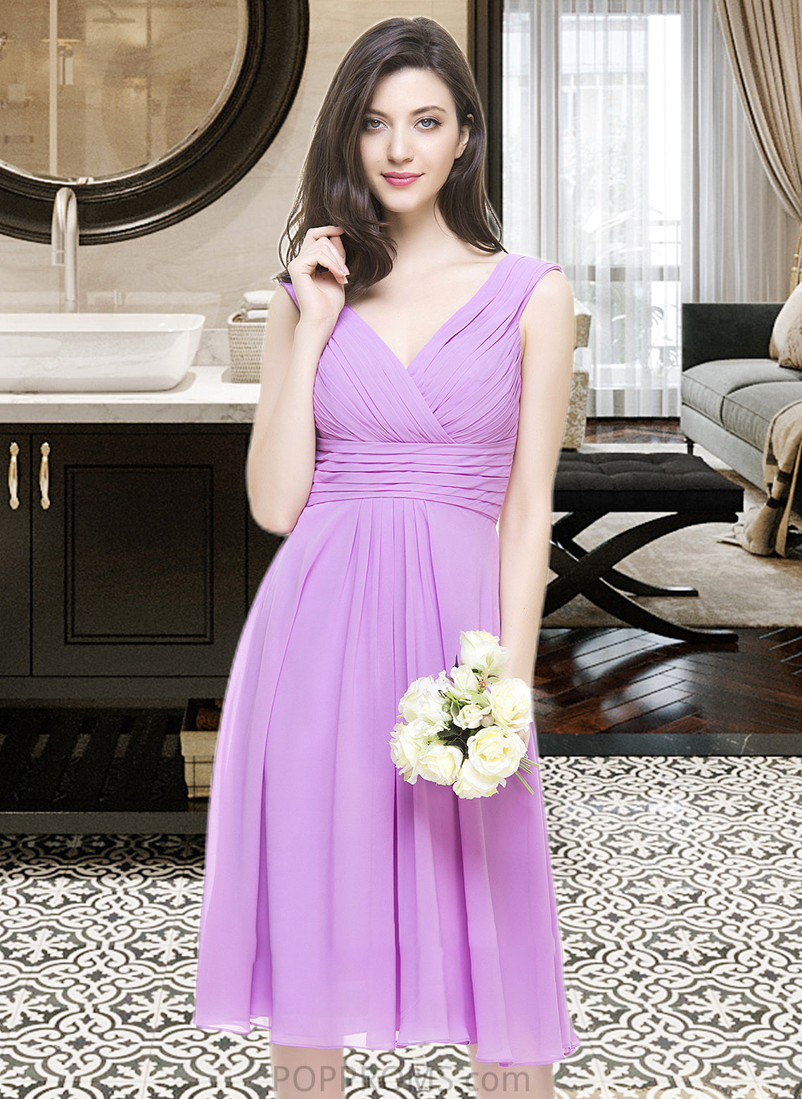 Sasha A-Line V-neck Knee-Length Chiffon Bridesmaid Dress With Ruffle PP6P0013081