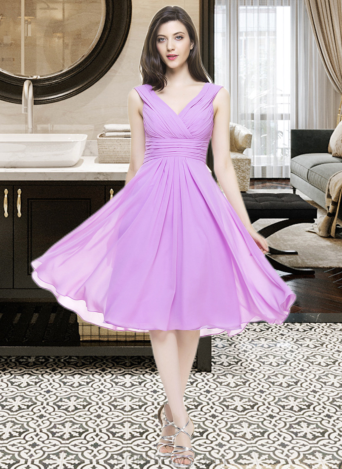 Sasha A-Line V-neck Knee-Length Chiffon Bridesmaid Dress With Ruffle PP6P0013081