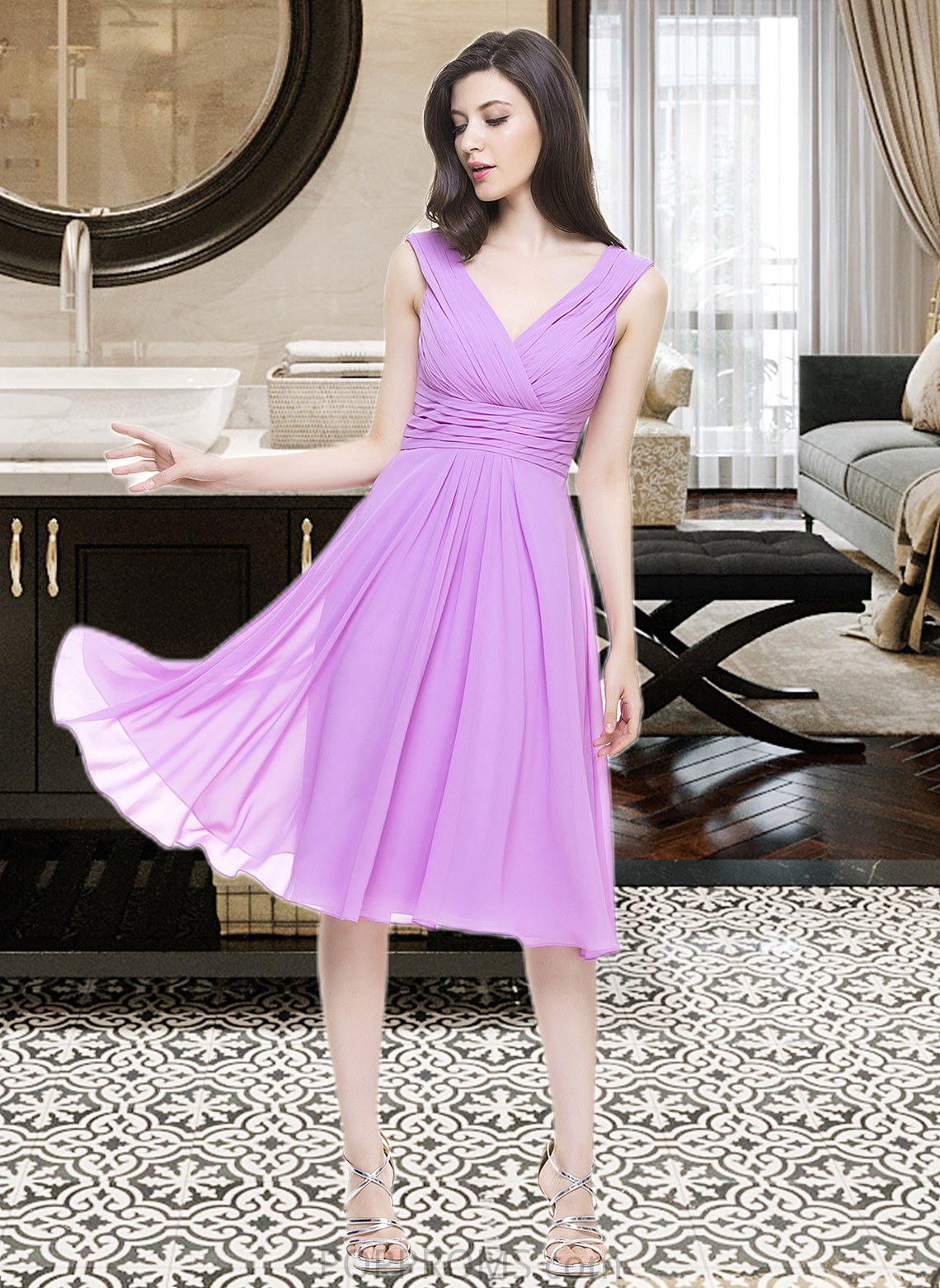 Sasha A-Line V-neck Knee-Length Chiffon Bridesmaid Dress With Ruffle PP6P0013081