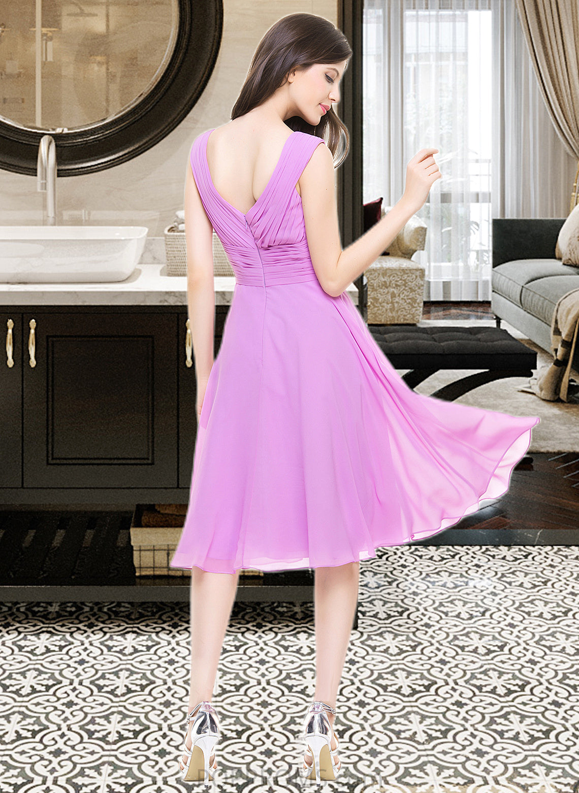 Sasha A-Line V-neck Knee-Length Chiffon Bridesmaid Dress With Ruffle PP6P0013081