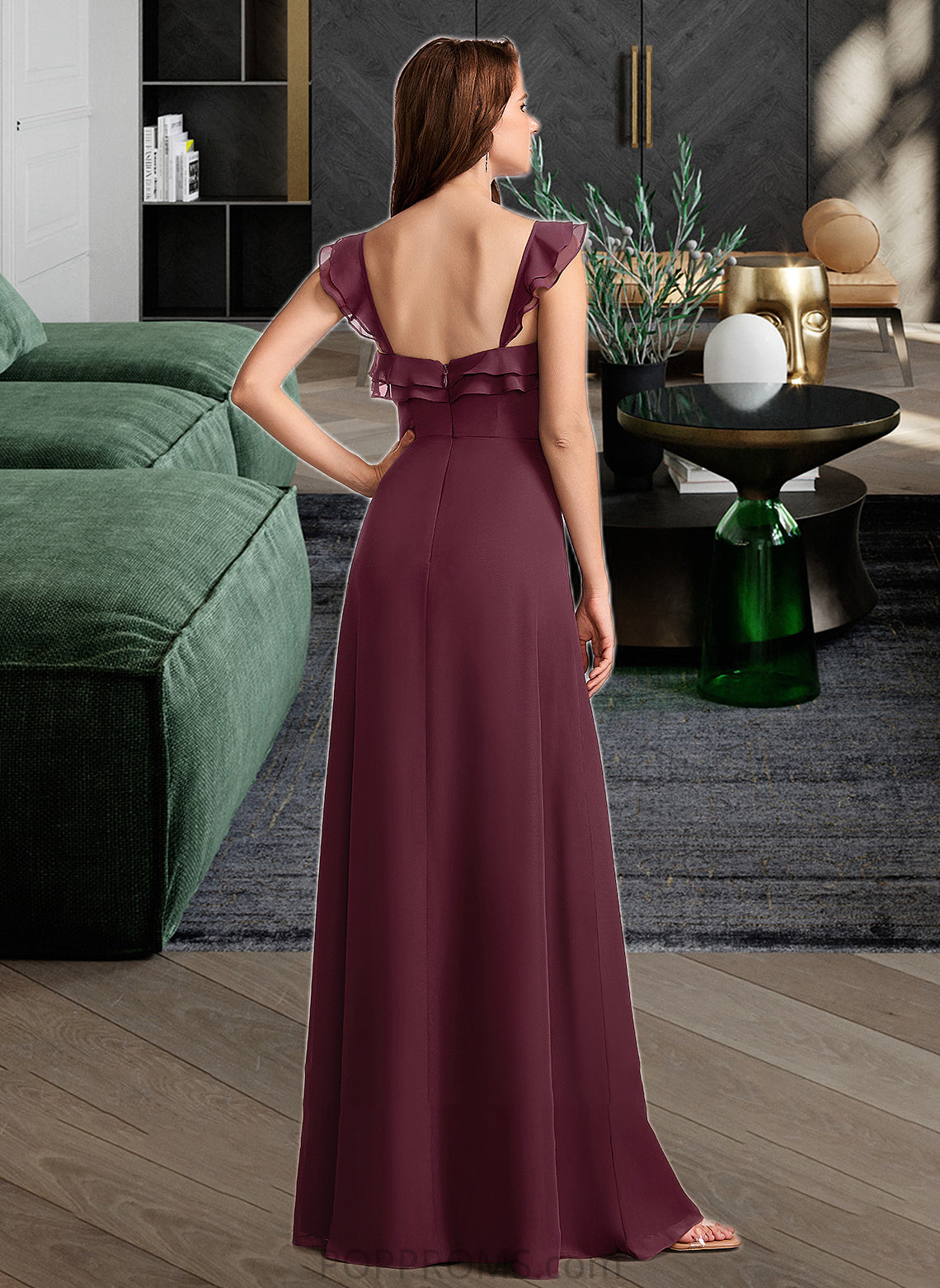 Elsa A-Line V-neck Floor-Length Bridesmaid Dress With Split Front PP6P0013083