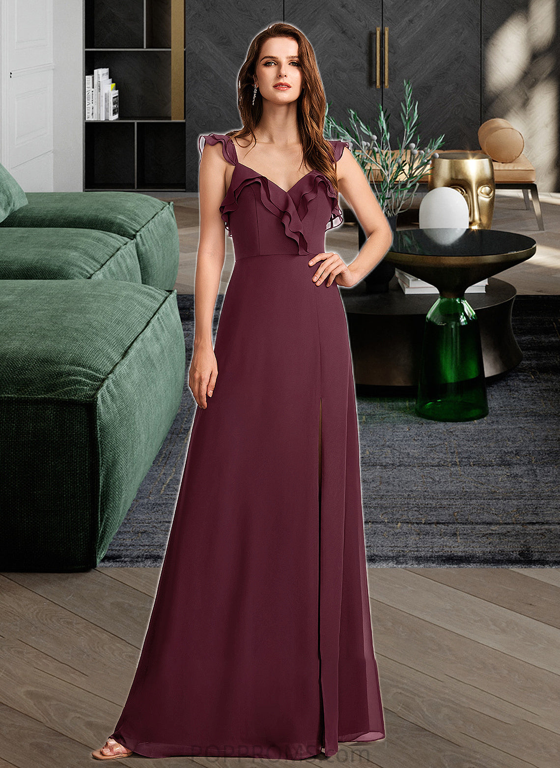 Elsa A-Line V-neck Floor-Length Bridesmaid Dress With Split Front PP6P0013083