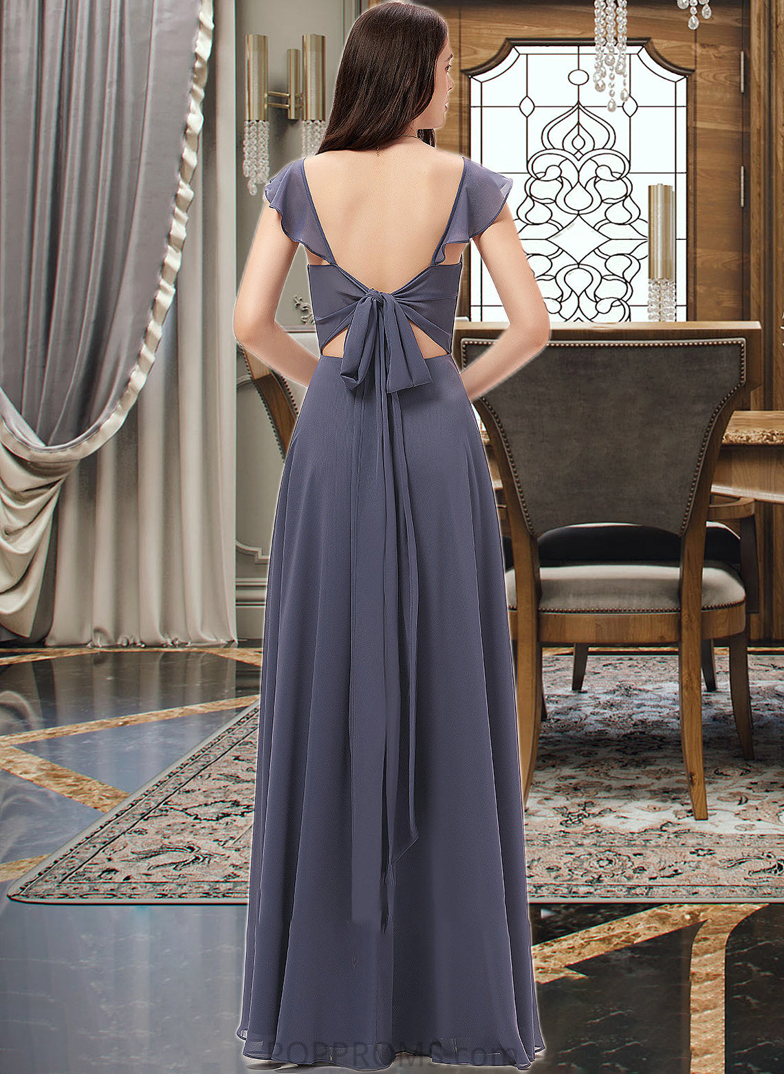 Kimora A-Line V-neck Floor-Length Chiffon Bridesmaid Dress With Split Front PP6P0013086