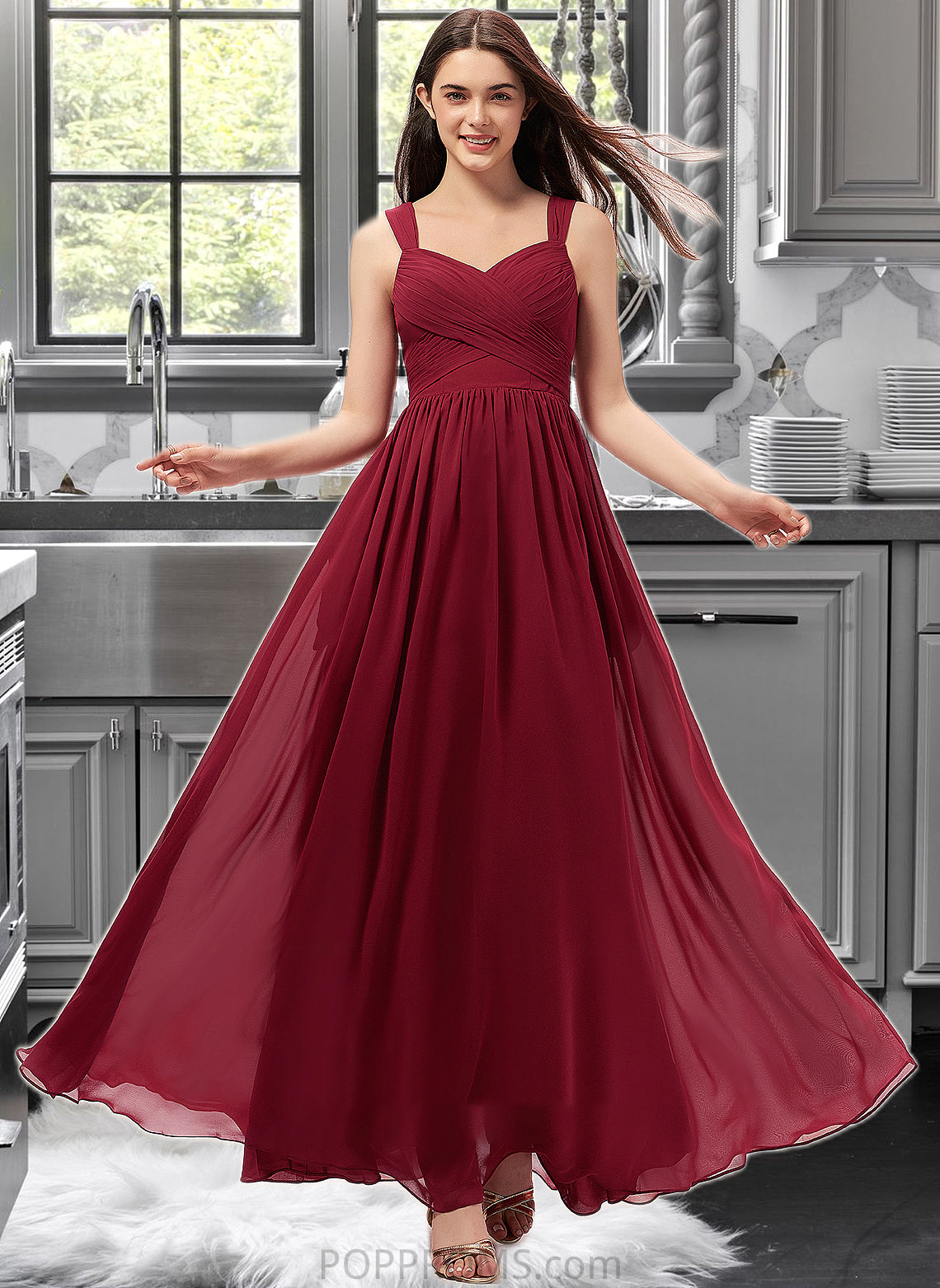 Leia A-Line Sweetheart Floor-Length Chiffon Bridesmaid Dress With Ruffle Pockets PP6P0013087