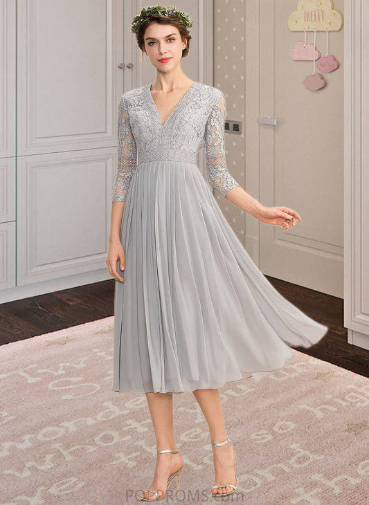 Nadine A-Line V-neck Tea-Length Chiffon Lace Bridesmaid Dress With Pleated PP6P0013088