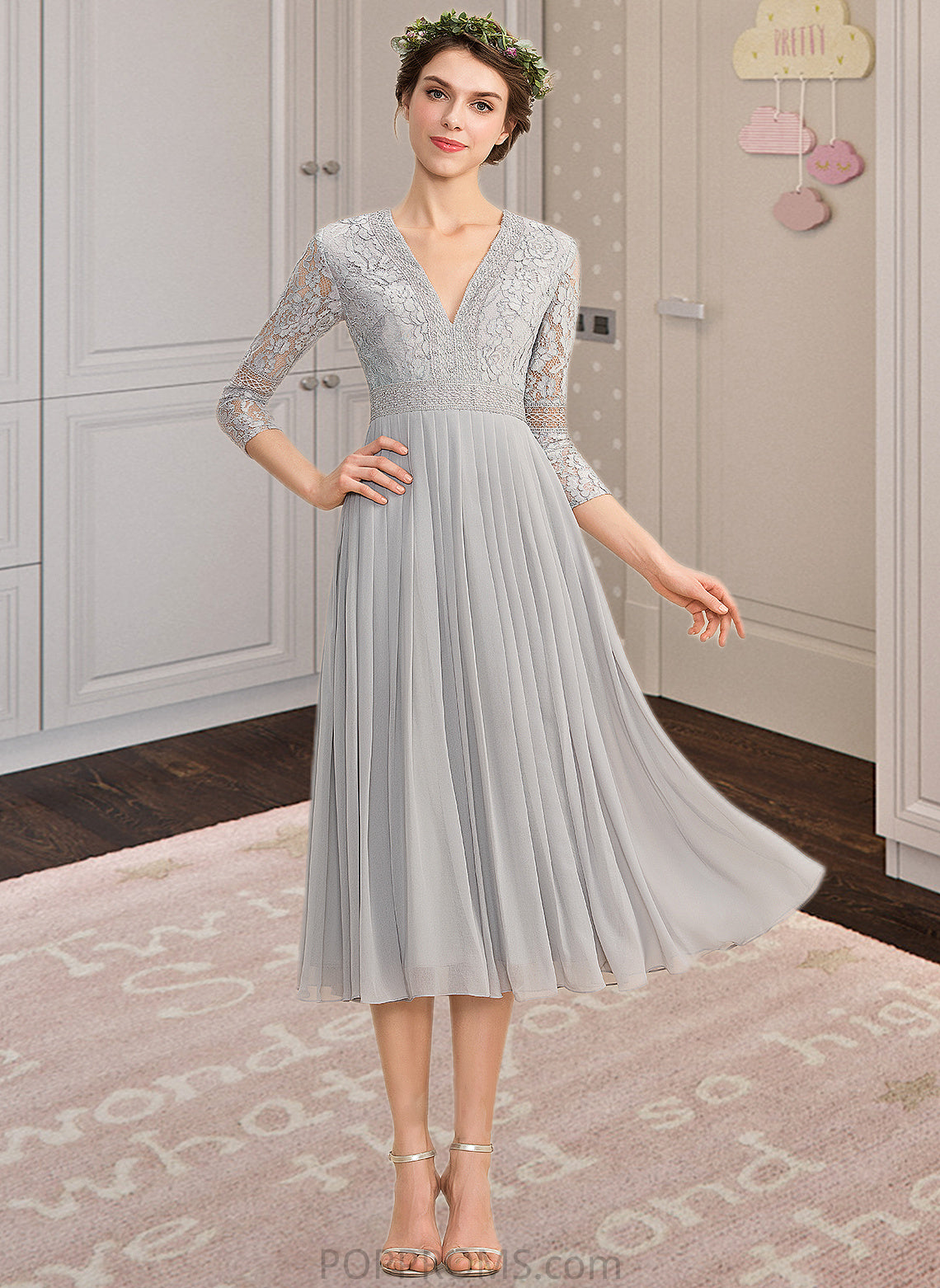 Nadine A-Line V-neck Tea-Length Chiffon Lace Bridesmaid Dress With Pleated PP6P0013088