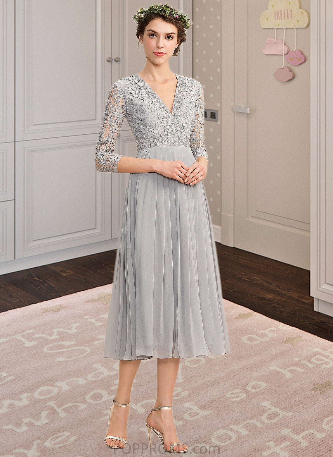 Nadine A-Line V-neck Tea-Length Chiffon Lace Bridesmaid Dress With Pleated PP6P0013088