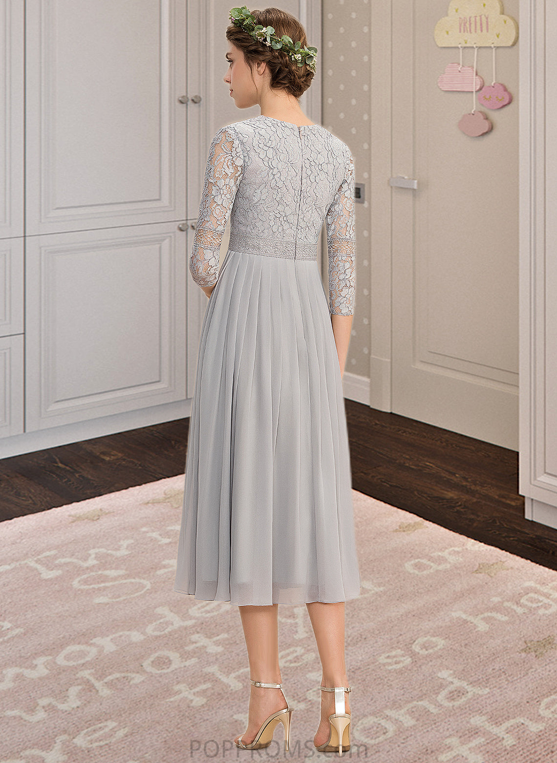 Nadine A-Line V-neck Tea-Length Chiffon Lace Bridesmaid Dress With Pleated PP6P0013088