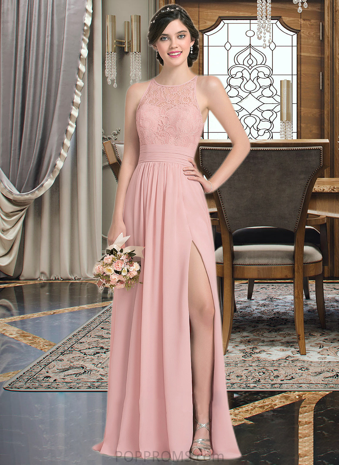 Karley A-Line Scoop Neck Floor-Length Chiffon Lace Bridesmaid Dress With Ruffle Split Front PP6P0013089