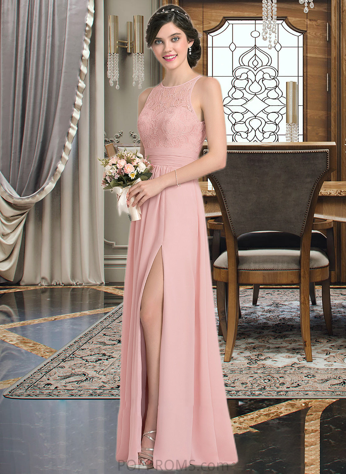 Karley A-Line Scoop Neck Floor-Length Chiffon Lace Bridesmaid Dress With Ruffle Split Front PP6P0013089