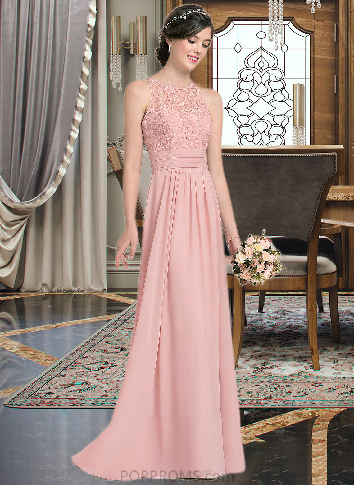 Karley A-Line Scoop Neck Floor-Length Chiffon Lace Bridesmaid Dress With Ruffle Split Front PP6P0013089