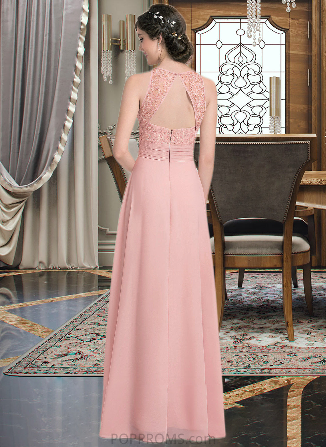 Karley A-Line Scoop Neck Floor-Length Chiffon Lace Bridesmaid Dress With Ruffle Split Front PP6P0013089