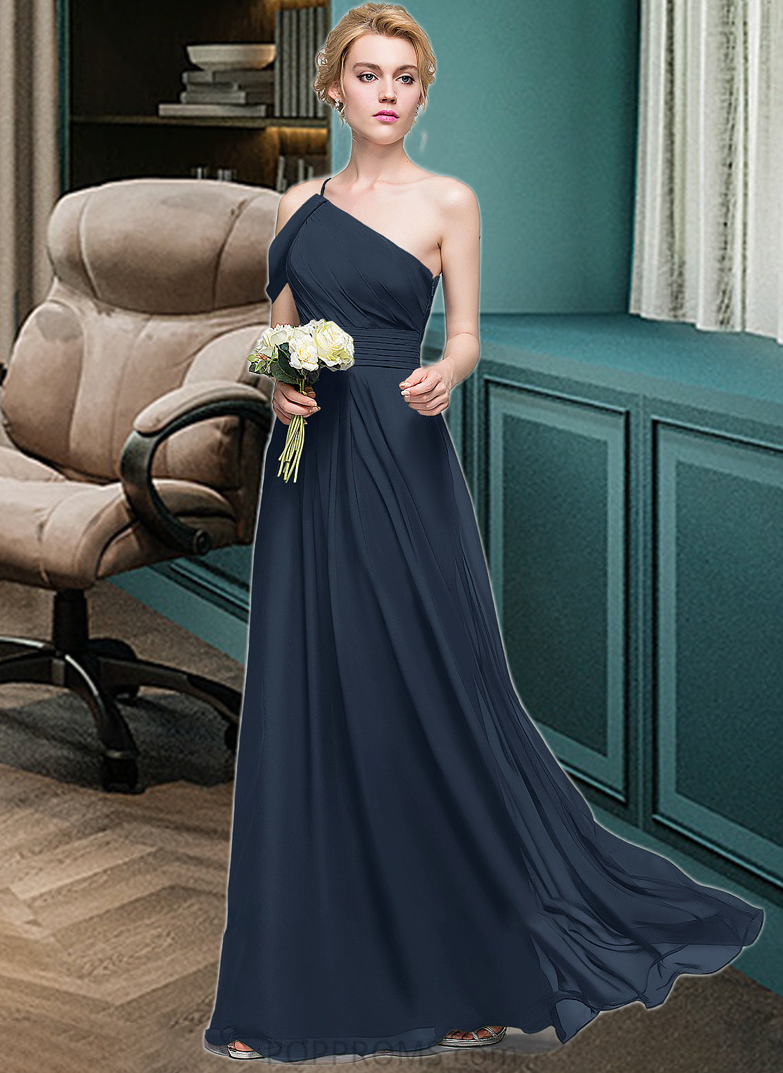 Justice A-line One Shoulder Floor-Length Chiffon Bridesmaid Dress With Ruffle PP6P0013091