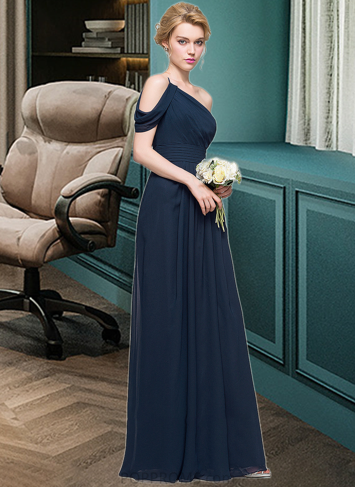 Justice A-line One Shoulder Floor-Length Chiffon Bridesmaid Dress With Ruffle PP6P0013091