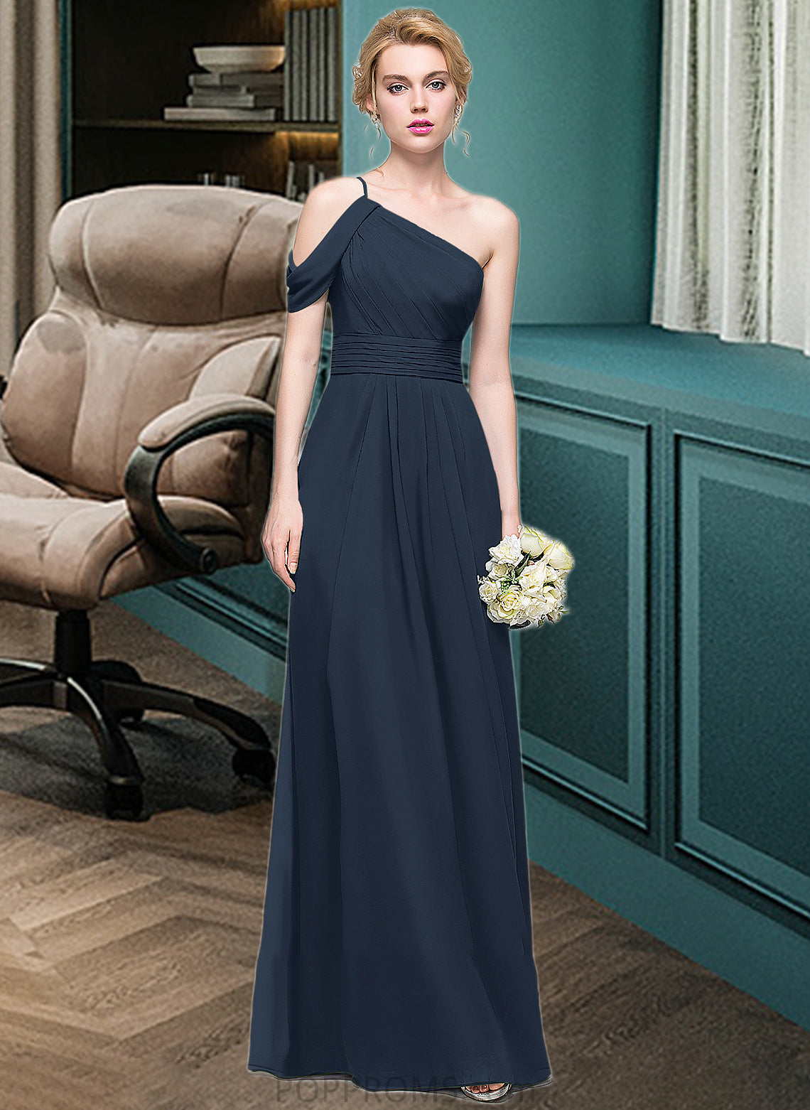 Justice A-line One Shoulder Floor-Length Chiffon Bridesmaid Dress With Ruffle PP6P0013091