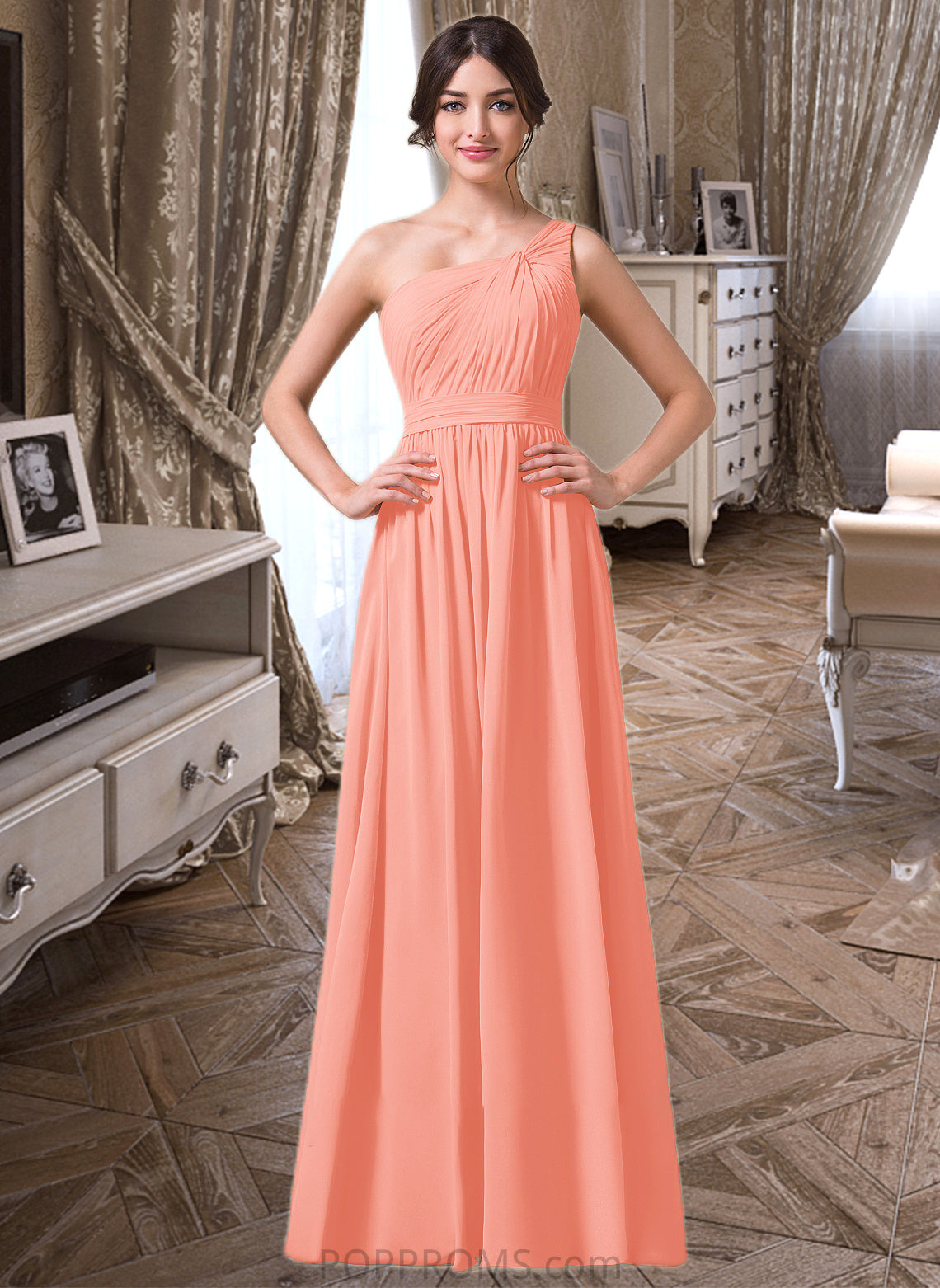 Emery A-Line One-Shoulder Floor-length Chiffon Bridesmaid Dress PP6P0013092