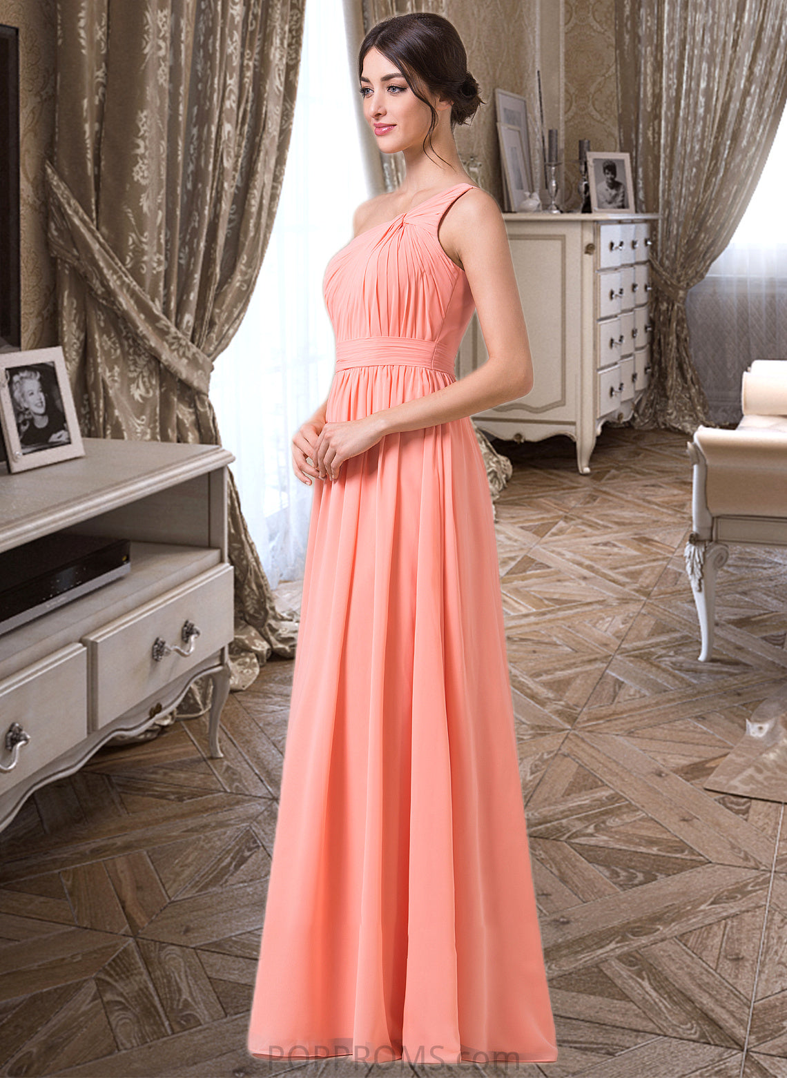 Emery A-Line One-Shoulder Floor-length Chiffon Bridesmaid Dress PP6P0013092