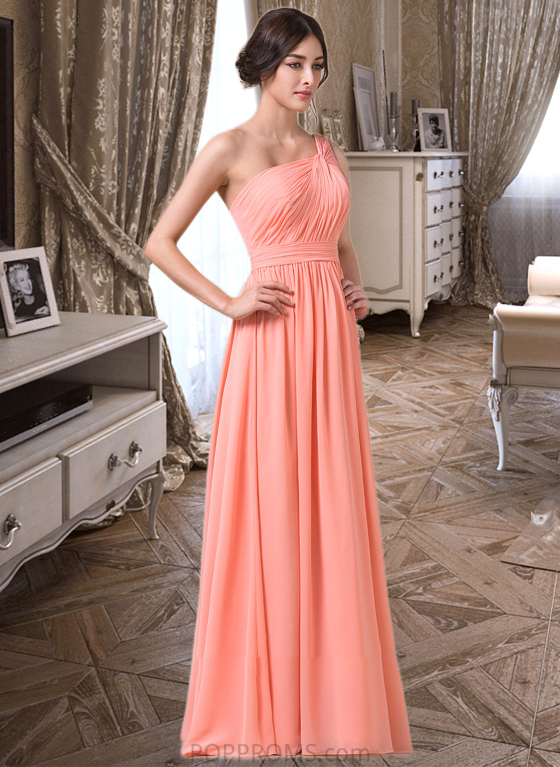 Emery A-Line One-Shoulder Floor-length Chiffon Bridesmaid Dress PP6P0013092