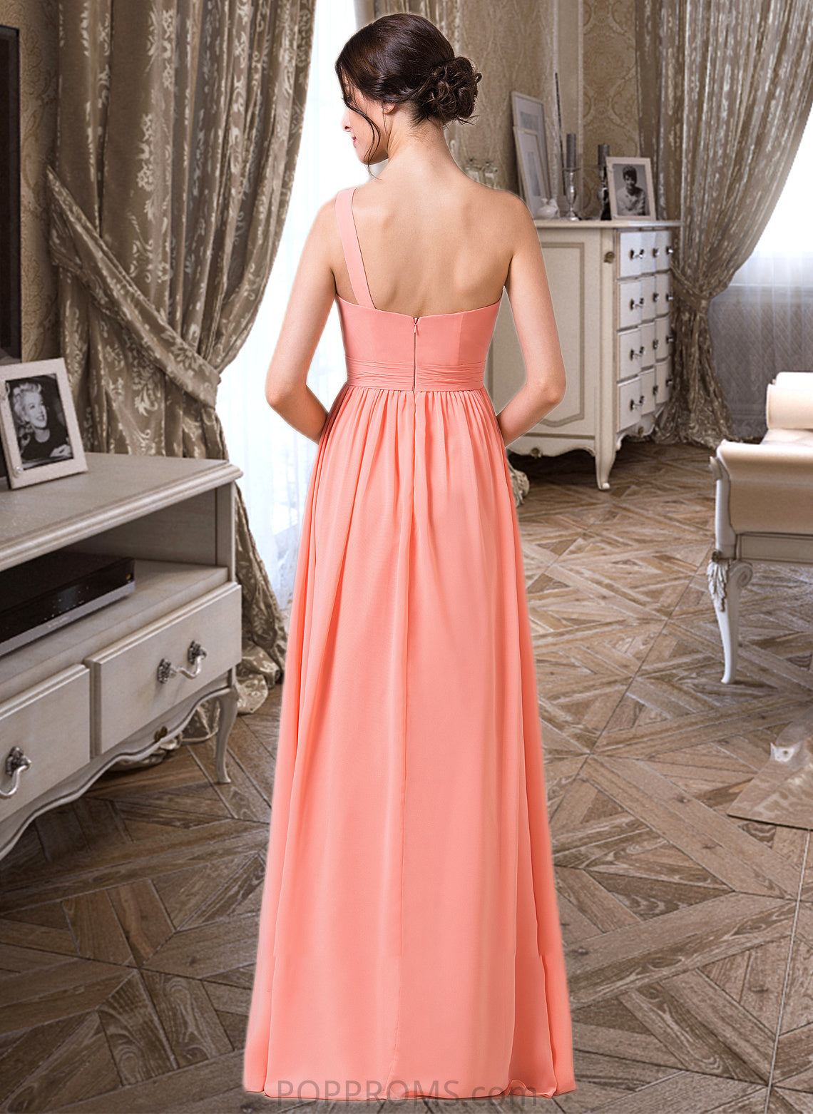 Emery A-Line One-Shoulder Floor-length Chiffon Bridesmaid Dress PP6P0013092