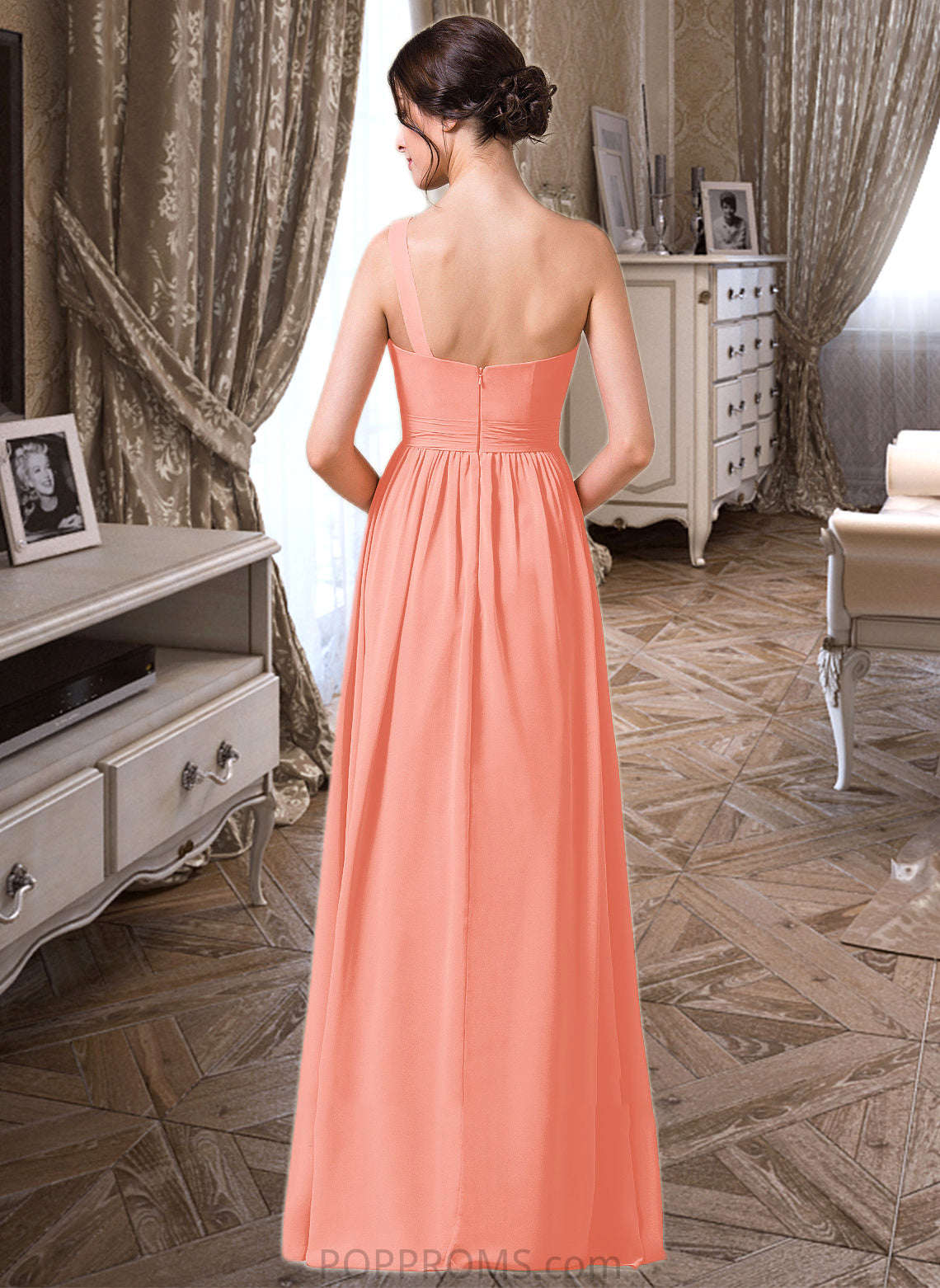 Emery A-Line One-Shoulder Floor-length Chiffon Bridesmaid Dress PP6P0013092