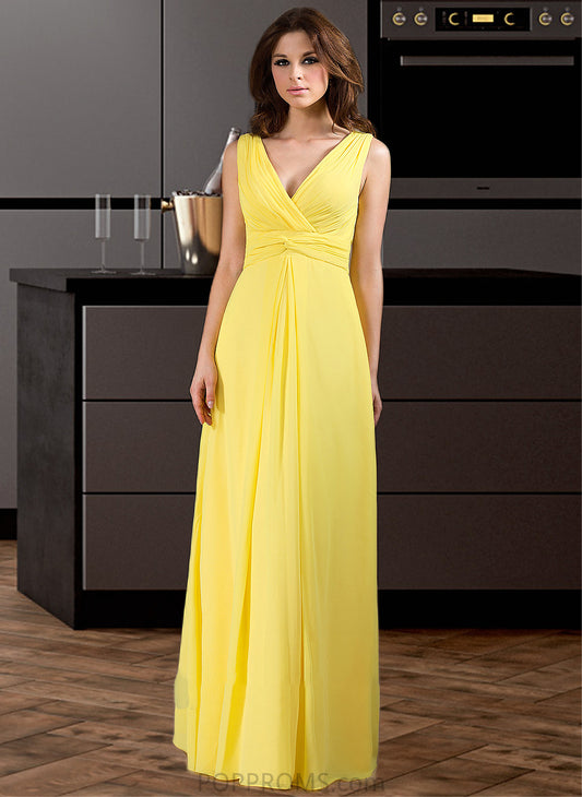 Cherish A-Line V-neck Wrapped Bodice Floor-length Chiffon Bridesmaid Dress PP6P0013093