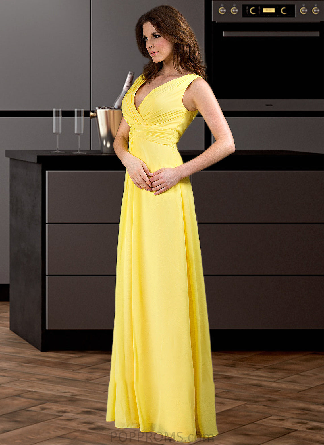 Cherish A-Line V-neck Wrapped Bodice Floor-length Chiffon Bridesmaid Dress PP6P0013093