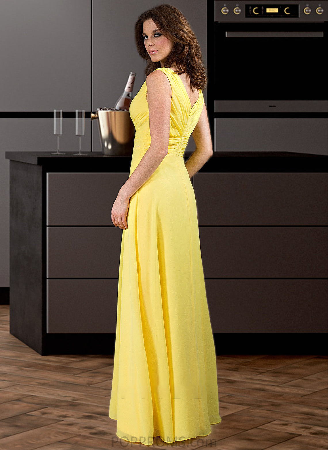 Cherish A-Line V-neck Wrapped Bodice Floor-length Chiffon Bridesmaid Dress PP6P0013093